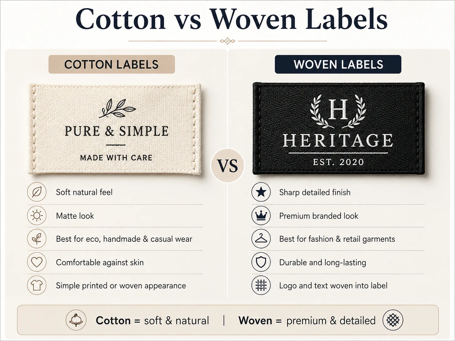 Cotton woven label next to a polyester woven label on neutral fabric — same jacquard weave, different fibre