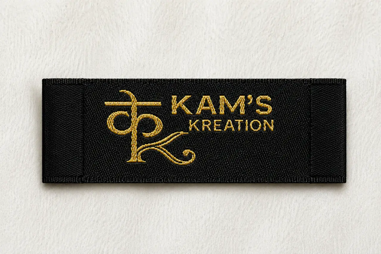 Kam's Kreation black woven brand label with gold script monogram and sans-serif wordmark — premium woven clothing label sample