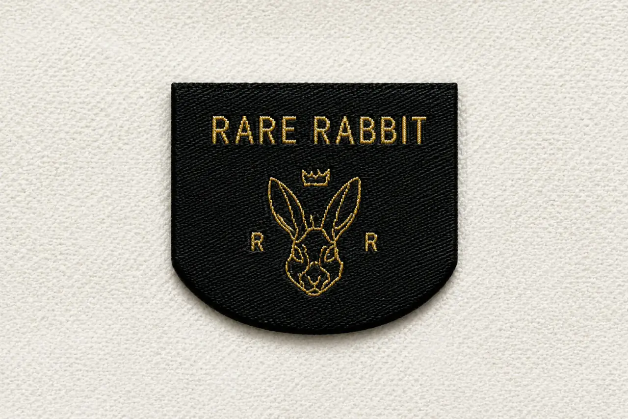 Rare Rabbit black woven brand patch with gold rabbit-head emblem, crown and R · R crest letters — boutique fashion woven label sample