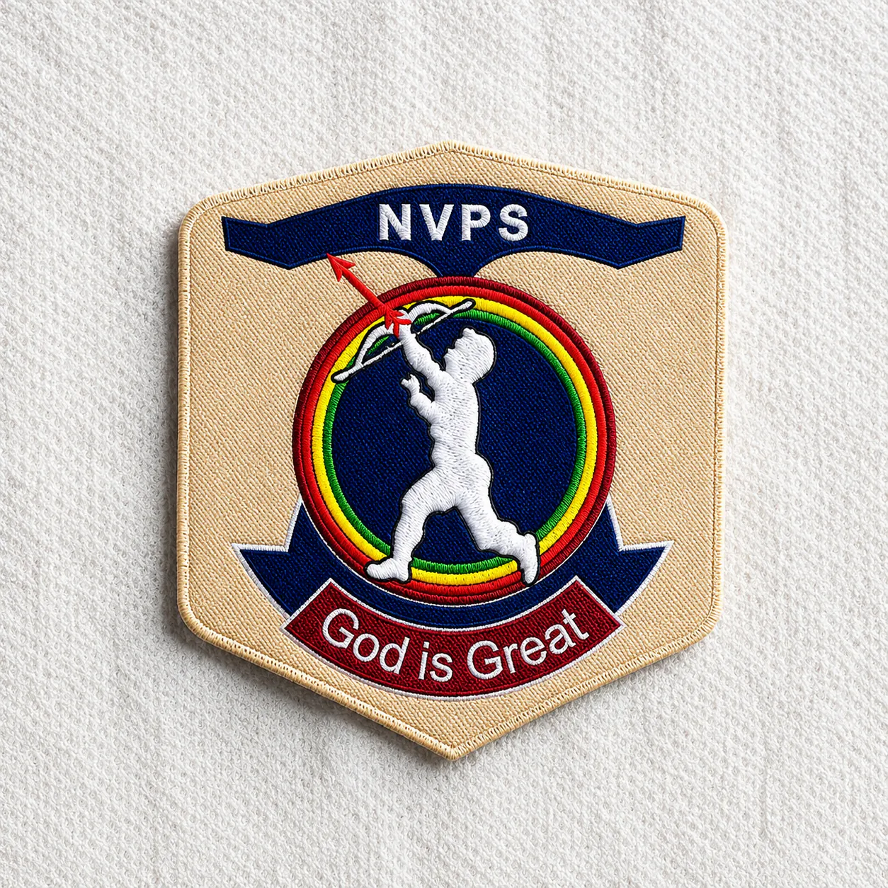 NVPS cream embroidered shield patch with batsman silhouette, multi-colour rings and God is Great banner — sports and school crest embroidered patch sample