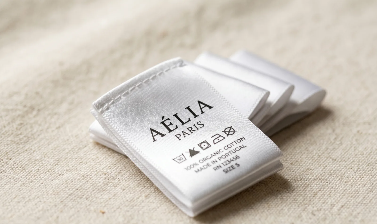 Stack of satin printed labels with brand name, care symbols and size