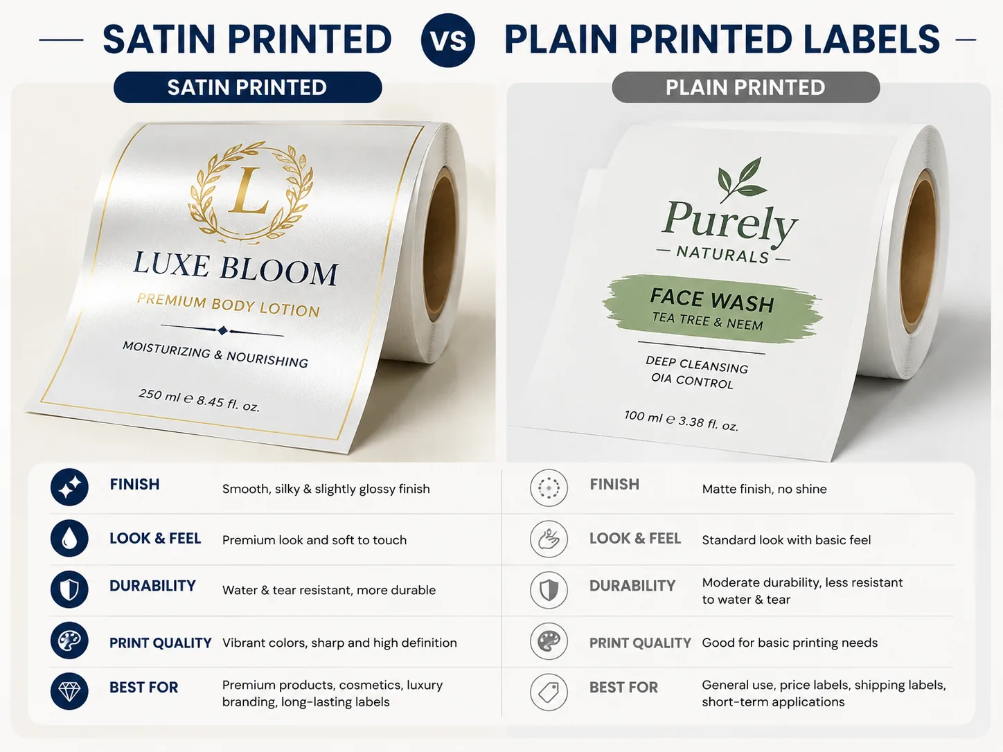Side-by-side comparison of a satin printed label, a taffeta printed label and a heat-press transfer print