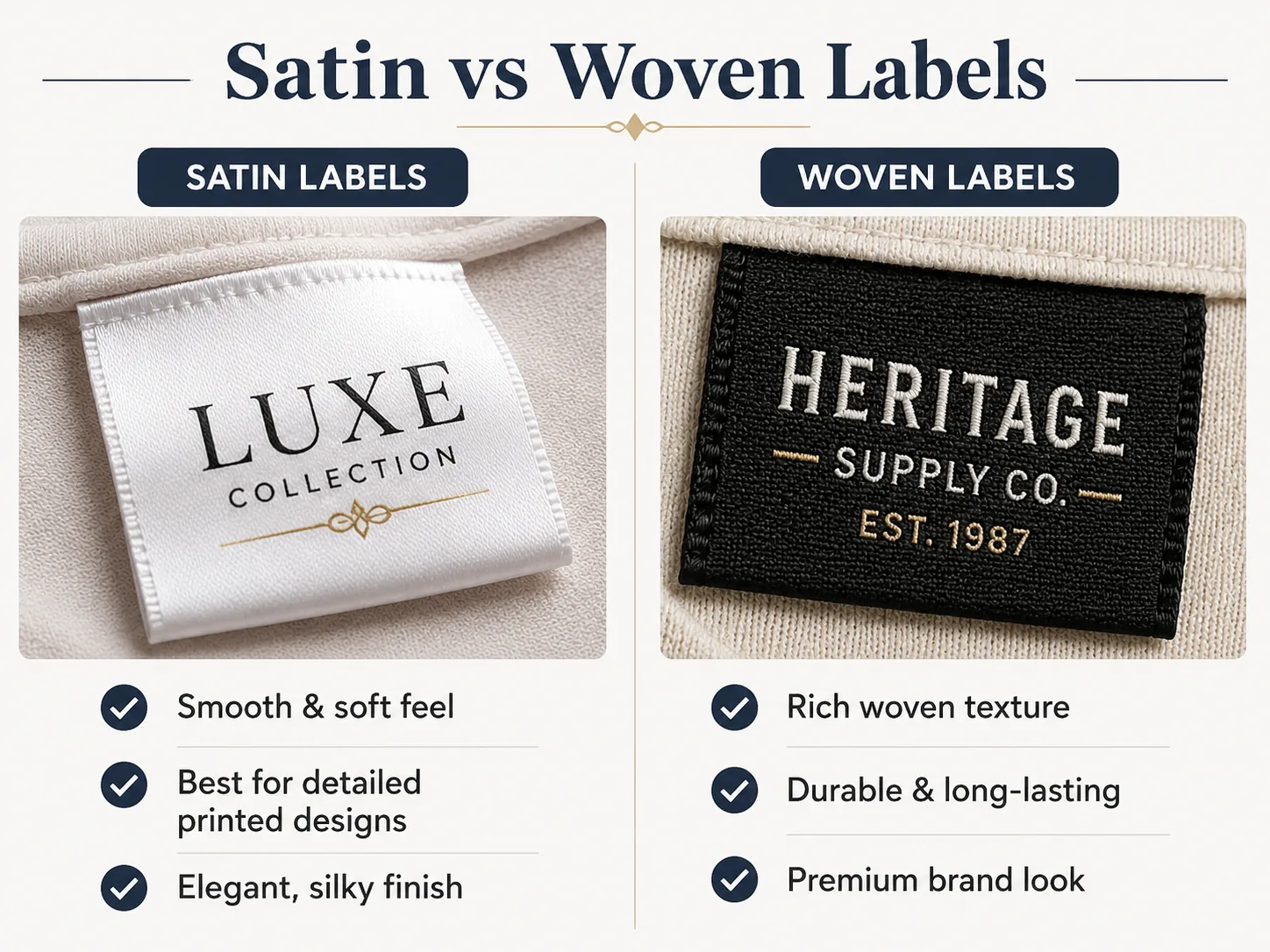 Three labels side by side on neutral fabric — satin printed, woven, and the difference in finish
