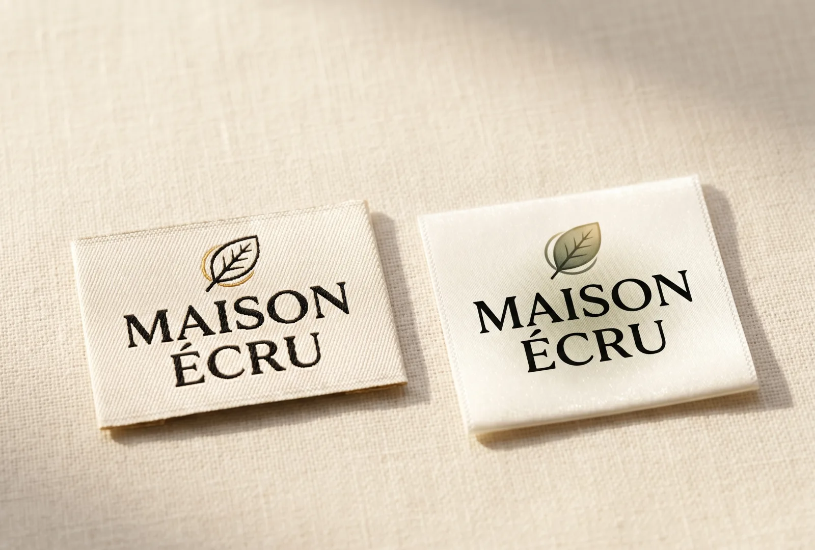 Two Maison Écru brand labels side by side on cream linen — woven and printed